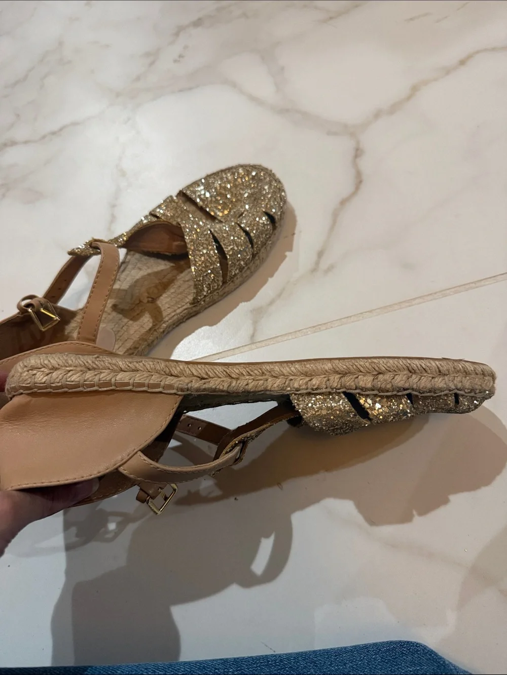 kate spade Gold Glitter Woven T-Strap Sandals